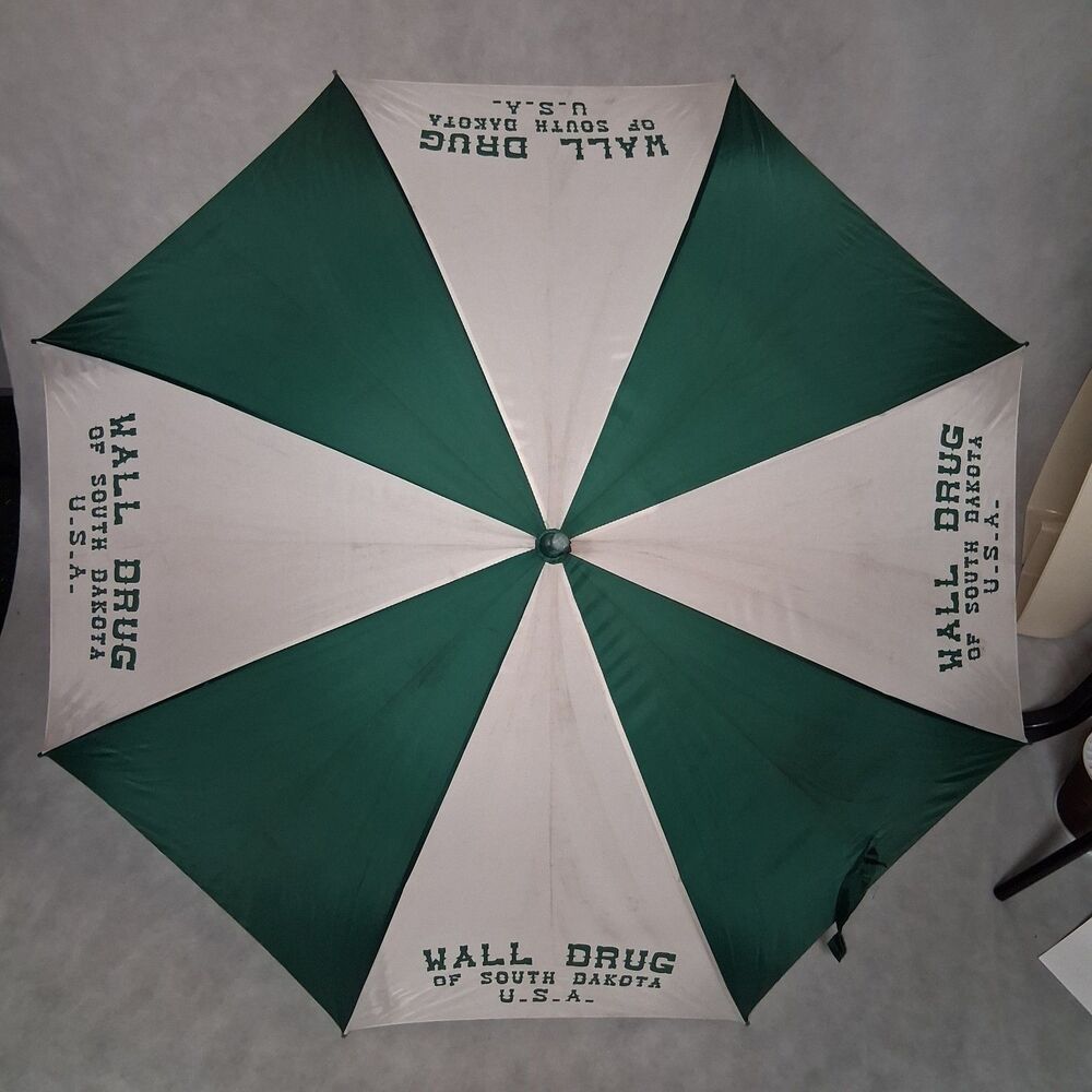 Wall Drug South Dakota Advertising Umbrella Green White Push Button Open 41"x33"